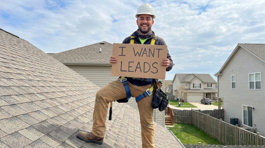 roofer holding a card of commercial roofing lead generation