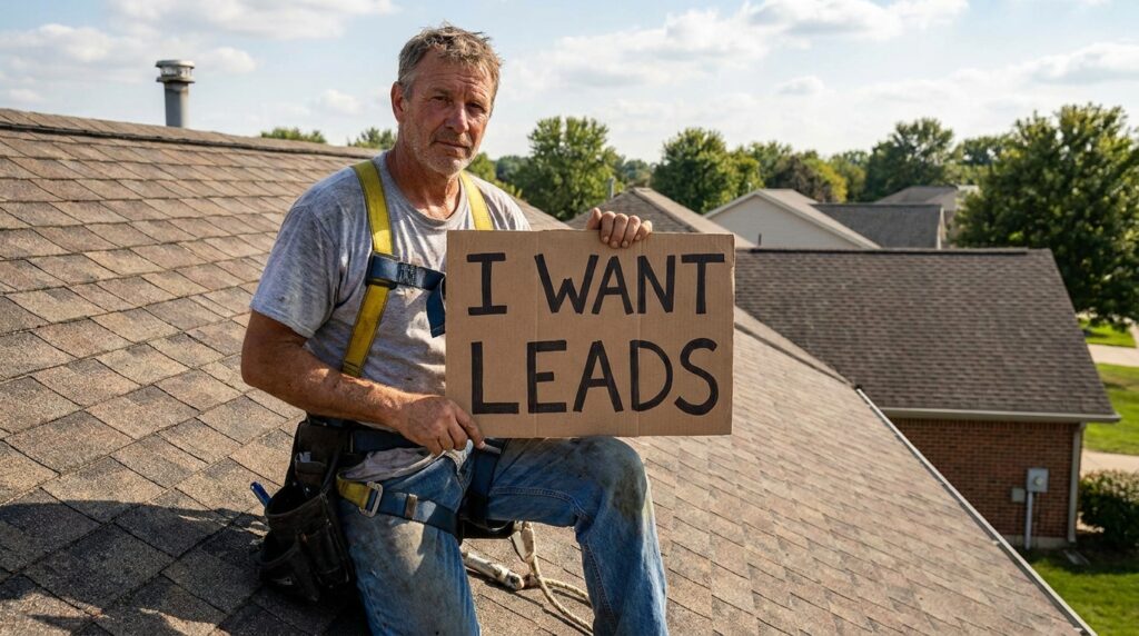 roofer standing on a roof holding a card commercial roofing lead generation