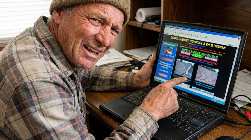 Roofer making weird face after seeing his website