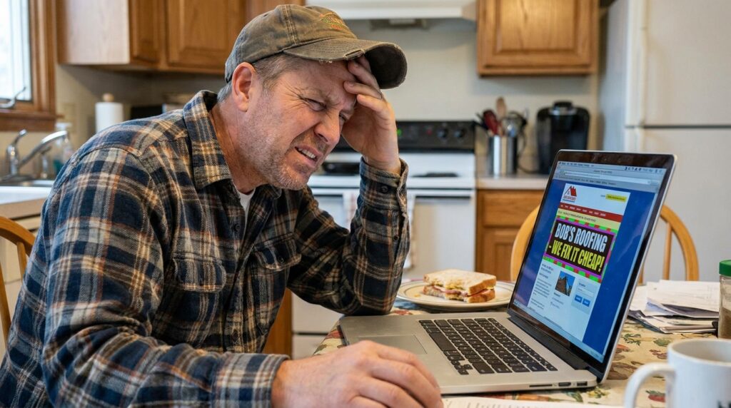 roofer using laptop and doing local seo