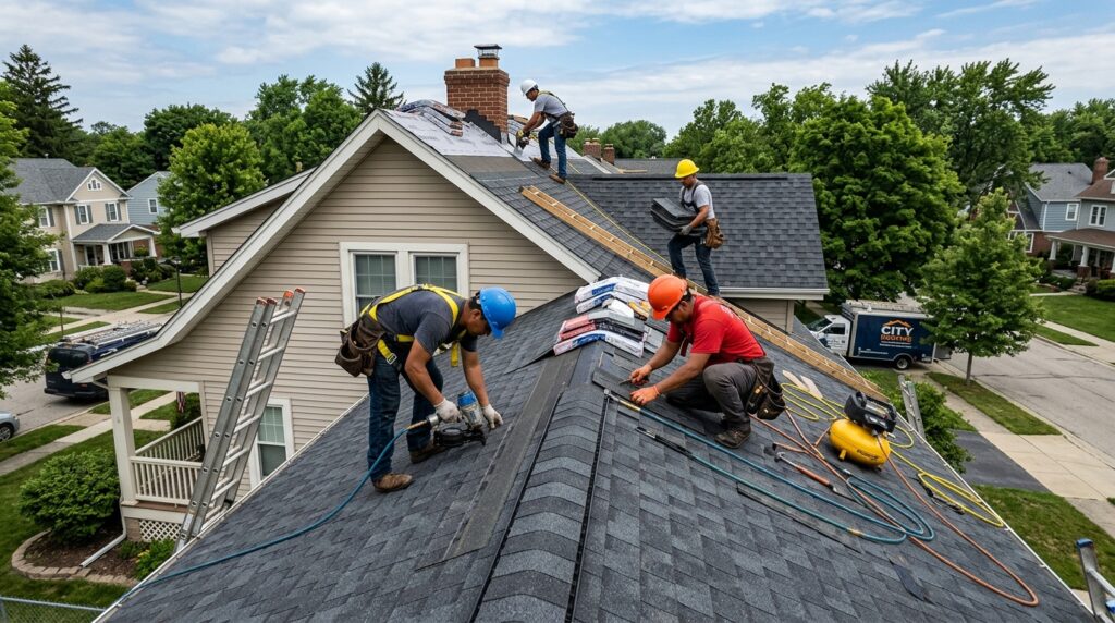 roofers working on a roof